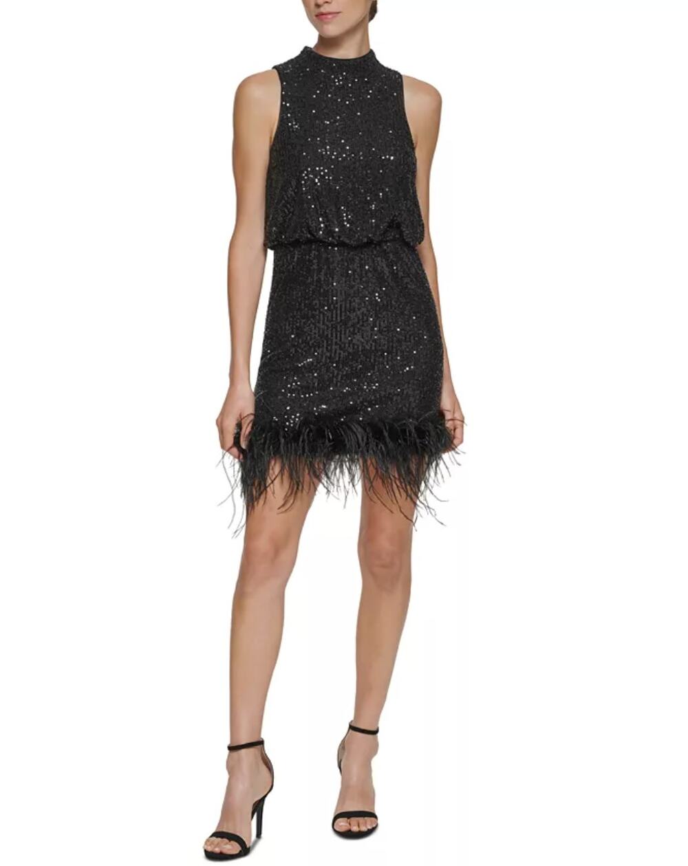 Eliza J Sequined Feather Hem Mini Dress Party Glam Mockneck Cocktail US 8 NWT